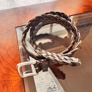 Brown Braided Leather Belt with Silver Buckle 34” including buckle